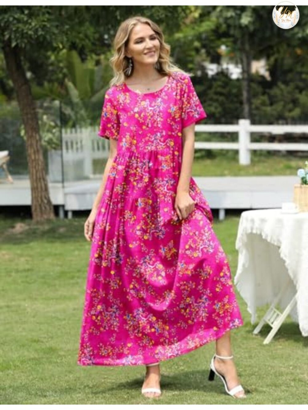 Womens Floral Maxi Dress Cotton Rayon Bohemian Swing Dress Pockets Casual - Picture 2 of 6